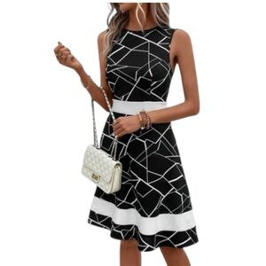Women's Color Block A-Line Elegant Sleeveless Geometric Print Dress SZ S